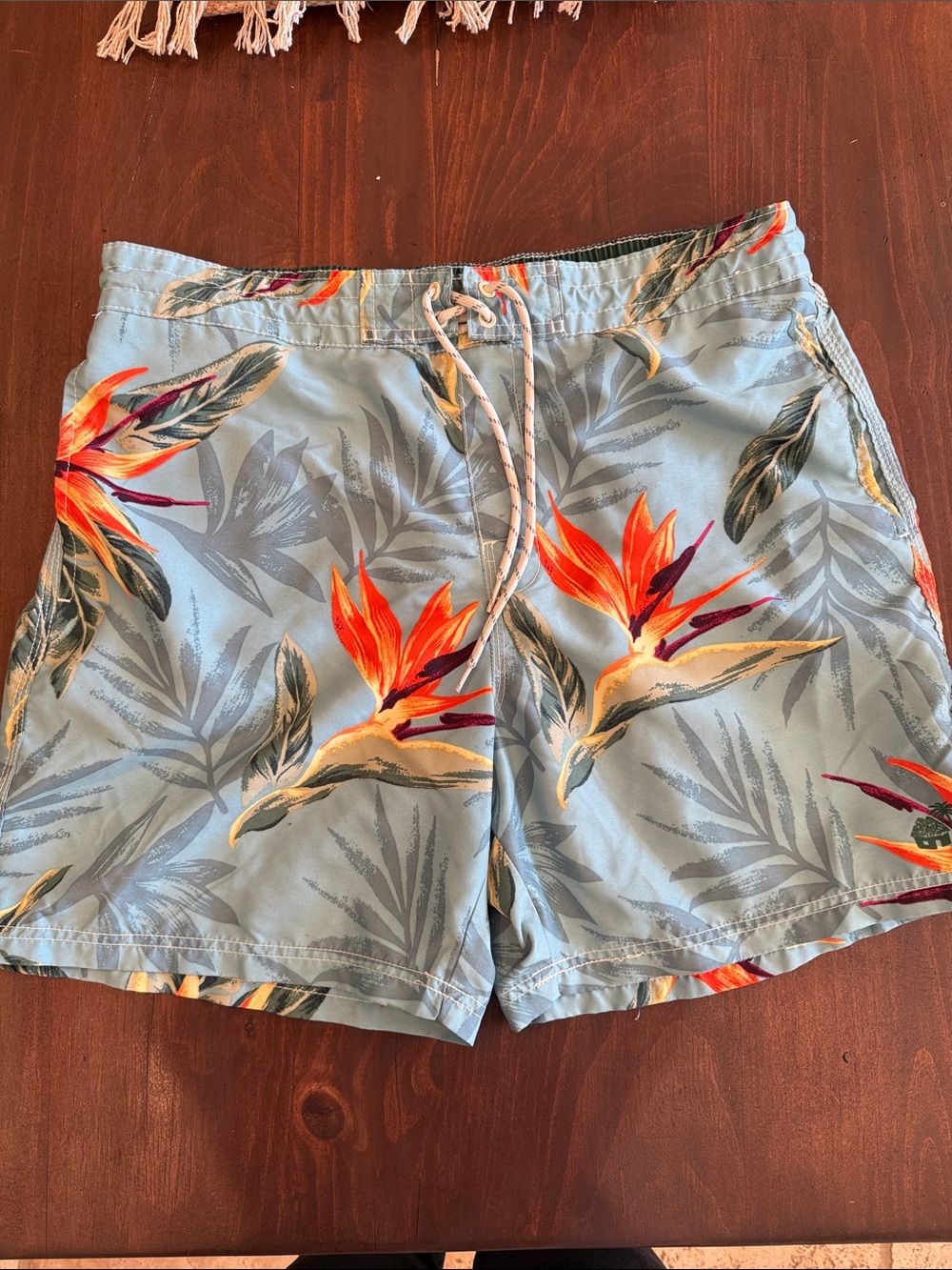 Caribbean Joe Light Blue Swim Trunks with Orange Bird of Paradise Print